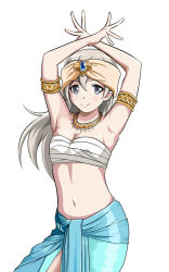 Rule 34 | 1girl, armlet, armpits, arms up, bandages, bare arms, bare shoulders, blue eyes, blue sash, blue skirt, blush, breasts, chest sarashi, cleavage, closed mouth, dancer, eila ilmatar juutilainen, forehead jewel, hair between eyes, jewelry, long hair, looking at viewer, midriff, monousa, navel, necklace, sarashi, sash, simple background, skirt, small breasts, smile, solo, standing, stomach, strike witches, upper body, white background, white hair, world witches series