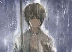 Rule 34 | 1boy, absurdres, brown hair, gradient background, highres, male focus, no.6, official art, outdoors, rain, shion (no.6), solo, toi8