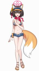 1girl absurdres animal_ear_fluff animal_ears bikini blue_archive bracelet breasts brown_hair denim denim_shorts eyeshadow fang flower fox_ears fox_girl fox_tail full_body hair_flower hair_ornament halo highres izuna_(blue_archive) jewelry makeup medium_breasts navel one_side_up paril00 pink_eyeshadow pink_halo red_scarf sandals scarf short_hair short_shorts shorts simple_background skin_fang solo standing striped_bikini striped_clothes sunflower sunflower_hair_ornament swimsuit tail toeless_footwear visor_cap white_background yellow_eyes