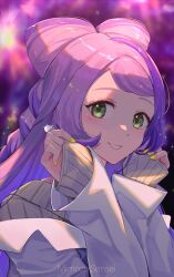 Rule 34 | 1girl, blush, coat, commentary request, creatures (company), eyelashes, game freak, green eyes, hands up, highres, hsin, long hair, long sleeves, looking at viewer, miriam (pokemon), nail polish, nintendo, off shoulder, pokemon, pokemon sv, purple hair, ribbed sweater, sleeves past wrists, smile, solo, sweater, upper body, white coat, yellow nails, yellow sweater