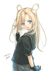 Rule 34 | 1girl, absurdres, abukuma (kancolle), abukuma kai ni (kancolle), artist name, black gloves, black jacket, blonde hair, blue eyes, commentary request, dated, double bun, from behind, fyuo, gloves, grey sailor collar, grey skirt, hair between eyes, hair bun, hair rings, highres, jacket, kantai collection, long hair, looking at viewer, looking back, one-hour drawing challenge, partially fingerless gloves, pleated skirt, sailor collar, school uniform, serafuku, short sleeves, simple background, skirt, solo, white background