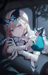 Rule 34 | 1girl, alice (grimlight), apron, bandaged arm, bandages, black choker, blonde hair, blue bow, blue bowtie, blue dress, blue eyes, blue hairband, blush, bow, bowtie, brown hair, bug, butterfly, butterfly hair ornament, butterfly wings, buttons, chair, choker, crossed arms, darang, dress, eyes visible through hair, fingernails, flying, frills, grey apron, grey bow, grey bowtie, grimlight, hair between eyes, hair ornament, hairband, hands up, heart, heart in eye, highres, indoors, insect, insect wings, light, light brown hair, long fingernails, long hair, looking to the side, lying, moonlight, multicolored bow, multicolored bowtie, multicolored eyes, on stomach, open mouth, pinafore dress, pink bow, pink bowtie, pink eyes, puffy short sleeves, puffy sleeves, shadow, short sleeves, sleeveless, sleeveless dress, solo, striped bow, striped bowtie, striped clothes, symbol in eye, teeth, tongue, wall, wings