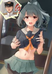Rule 34 | !?, 1girl, admiral (kancolle), black pantyhose, black shirt, blush, body switch, brown eyes, commentary, commission, cowboy shot, green hair, green skirt, hair ribbon, highres, k jie, kantai collection, mirror, mirror image, navel, open mouth, pantyhose, personality switch, pixiv commission, pleated skirt, ponytail, ribbon, shirt, short hair, short sleeves, skirt, solo, symbol-only commentary, white ribbon, yuubari (kancolle)