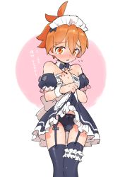 Rule 34 | 1boy, ahoge, alternate costume, bad id, bad pixiv id, black thighhighs, blush, brown eyes, brown hair, bulge, clothes lift, crossdressing, detached collar, enmaided, eyebrows, forked eyebrows, garter straps, maid, maid headdress, male focus, open mouth, panties, pop-up story, selim spark, short hair, simple background, skirt, skirt lift, solo, tears, thighhighs, tomo10, translated, trap, underwear, white background, wrist cuffs