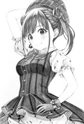 Rule 34 | 1girl, absurdres, arm up, blush, bow, bowtie, breasts, closed mouth, dot nose, double bun, dress, gloves, greyscale, hair bun, hand on own hip, hat, highres, idolmaster, idolmaster shiny colors, large breasts, long hair, looking at viewer, monochrome, sasa koutoyomu, short sleeves, simple background, smile, solo, sonoda chiyoko, striped clothes, striped dress, traditional media, twintails, white background