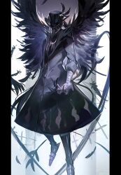 Rule 34 | 1boy, black clover, black feathers, black hair, black hat, black robe, black wings, feathered wings, feathers, hat, high ponytail, highres, jewelry, looking at viewer, male focus, nacht faust, necklace, plague doctor mask, red eyes, robe, smile, solo, talons, top hat, tsugutoku, wings