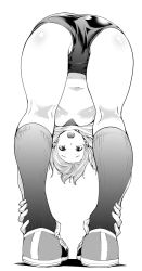 Rule 34 | 1girl, ass, bent over, body blush, breasts, buruma, from behind, full body, gensokigou, greyscale, gym uniform, kneehighs, leg hold, looking at viewer, looking back, looking through own legs, medium breasts, monochrome, open mouth, original, partially visible vulva, shirt, shoes, sneakers, socks, solo, standing, underwear, upshirt, upside-down