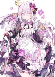 Rule 34 | 1girl, absurdres, alternate costume, apron, azusa (blue archive), blue archive, cocoballking, commentary request, cowboy shot, enmaided, flower, hair flower, hair ornament, halo, highres, legs together, long hair, long sleeves, looking at viewer, maid, parted lips, purple eyes, purple flower, purple hair, sidelocks, simple background, skirt hold, solo, standing, straight hair, thighs, white apron, white background