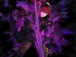 Rule 34 | 1girl, alternate costume, armor, bodysuit, breasts, cape, fate/empire of dirt, fate/grand order, fate (series), large breasts, long hair, purple bodysuit, purple hair, red eyes, scathach (fate), scathach (fate), shoulder armor, solo, swd3e2, thighhighs, thighhighs over bodysuit, veil