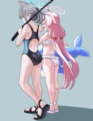 Rule 34 | 2girls, absurdres, animal ear fluff, animal ears, ass, bikini, black one-piece swimsuit, blue-tinted eyewear, blue archive, blue jacket, competition swimsuit, cross, cross hair ornament, extra ears, eyewear on head, fishing rod, foreclosure task force (blue archive), frilled bikini, frills, hair bobbles, hair ornament, halo, highleg, highleg swimsuit, highres, hoshino (blue archive), hoshino (swimsuit) (blue archive), inflatable toy, inflatable whale, inverted cross, jacket, low ponytail, low twintails, multicolored clothes, multicolored swimsuit, multiple girls, official alternate costume, one-piece swimsuit, pangtanto, pink halo, shiroko (blue archive), shiroko (swimsuit) (blue archive), sunglasses, swimsuit, tinted eyewear, twintails, two-tone swimsuit, white-framed eyewear, white bikini, wolf ears