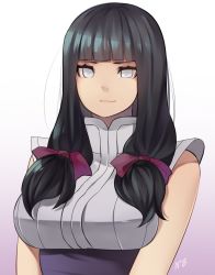 Rule 34 | 1girl, black hair, blunt bangs, bow, breasts, commentary, grey eyes, hair bow, highres, hyuuga hinata, large breasts, long hair, looking at viewer, nachocobana, naruto (series), naruto shippuuden, simple background, solo, upper body, watermark, white background