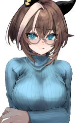 Rule 34 | 1girl, animal ears, blue eyes, breasts, brown hair, cheval grand (umamusume), commentary request, ear covers, glasses, hair between eyes, highres, horse ears, horse girl, looking at viewer, multicolored hair, shirt, simple background, solo, streaked hair, sweater, toa510, turtleneck, turtleneck sweater, umamusume, white hair