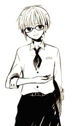 Rule 34 | 1boy, anzu (o6v6o), belt, collared shirt, genderswap, genderswap (ftm), gesture, glasses, gumiya, holding, holding tray, looking at viewer, male focus, monochrome, neckerchief, sepia, shirt, simple background, smile, solo, tray, vocaloid, waiter, white background