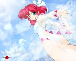 Rule 34 | 1girl, ass, beach, casual one-piece swimsuit, cloud, day, dutch angle, female focus, final fantasy, from behind, legs, one-piece swimsuit, outdoors, red hair, ribbon, see-through, sky, solo, splashing, square enix, swimsuit, wallpaper, white mage (final fantasy), young wang