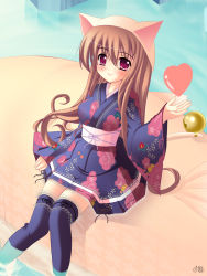 Rule 34 | 1girl, animal ears, bell, brown hair, cat ears, cat tail, closed mouth, frills, hat, heart, japanese clothes, long hair, natsumiya yuzu, red eyes, smile, solo, tail, thighhighs