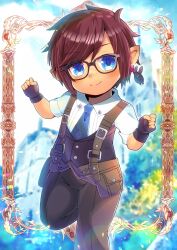 Rule 34 | 1girl, absurdres, black gloves, black pants, black vest, blue eyes, blue necktie, blurry, blurry background, blush, brown-framed eyewear, brown hair, closed mouth, collared shirt, commentary request, commission, depth of field, final fantasy, final fantasy xiv, fingerless gloves, freckles, glasses, gloves, hands up, highres, kou hiyoyo, lalafell, looking at viewer, necktie, pants, pointy ears, shirt, short sleeves, skeb commission, smile, solo, standing, standing on one leg, suspenders, vest, warrior of light (ff14), white shirt