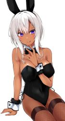 Rule 34 | 1girl, :q, animal ears, bare shoulders, between breasts, black leotard, bow, bowtie, breasts, closed mouth, covered navel, dark-skinned female, dark skin, detached collar, fake animal ears, fishnet thighhighs, fishnets, gomashi (goma), hairband, hand up, large breasts, leotard, looking at viewer, mole, mole under mouth, original, playboy bunny, purple eyes, rabbit ears, short hair, simple background, smile, solo, strapless, strapless leotard, thighhighs, tongue, tongue out, white background, white hair, wrist cuffs