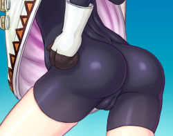 Rule 34 | 10s, 1girl, absurdres, alternate costume, aqua background, ass, blue background, blush, bodysuit, boots, buckle, cameltoe, clenched hand, from side, gloves, gradient background, hand on own hip, highres, knee boots, kono subarashii sekai ni shukufuku wo!, leaning forward, legs apart, lower body, megumin, poncho, shorts, skin tight, solo, standing, tassel, umachoko, unitard