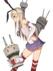 Rule 34 | 10s, 1girl, anchor hair ornament, bare shoulders, black panties, blonde hair, blue skirt, brown eyes, elbow gloves, gloves, hair ornament, hairband, hand on own hip, highleg, highleg panties, highres, huanxiang heitu, kantai collection, lifebuoy, looking at viewer, looking back, miniskirt, neckerchief, panties, pleated skirt, rensouhou-chan, sailor collar, shimakaze (kancolle), skirt, striped clothes, striped thighhighs, swim ring, thighhighs, underwear, white background, white gloves