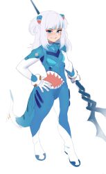 Rule 34 | 1girl, absurdres, blue bodysuit, blue eyes, bodysuit, breasts, covered navel, fins, fish tail, gawr gura, gloves, hand on own hip, highres, holding, holding polearm, holding weapon, hololive, hololive english, kairunoburogu, lance, long hair, looking at viewer, plugsuit, polearm, shark girl, shark tail, short twintails, sketch, small breasts, smile, solo, standing, tail, twintails, virtual youtuber, weapon, white gloves