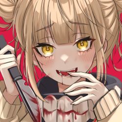 Rule 34 | + +, 1girl, :d, beige sweater, blonde hair, blood, blunt bangs, blush, boku no hero academia, cuts, doongdang, double bun, finger to mouth, hair bun, hands up, highres, holding, holding knife, injury, knife, looking at viewer, messy hair, open mouth, portrait, red background, sidelocks, simple background, smile, solo, teeth, toga himiko, yellow eyes