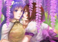 Rule 34 | 2girls, bad id, bad twitter id, black skirt, brown dress, brown eyes, brown hair, colored eyelashes, dress, eyelashes, flower, grass, hand on another&#039;s face, lips, looking at another, low twintails, multiple girls, nose, parted lips, purple eyes, purple hair, shirt, short hair, short sleeves, siblings, sister, sisters, skirt, sleeveless, sleeveless dress, smile, split ponytail, touhou, tsukumo benben, tsukumo yatsuhashi, twintails, upper body, white shirt, wisteria, woominwoomin5, yuri