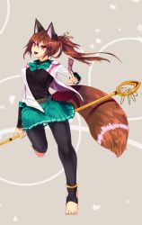 Rule 34 | 1girl, animal ears, anklet, barefoot, belt, black pantyhose, bow, breasts, brown hair, facial mark, fangs, hair ornament, highres, jewelry, korigitsune, large breasts, long hair, looking at viewer, ofuda, open mouth, original, pantyhose, pleated skirt, red eyes, sailor collar, simple background, skirt, solo, staff, standing, standing on one leg, tail