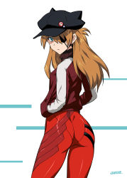 Rule 34 | 10s, 1girl, animal ears, animal hat, ass, badge, bandages, blue eyes, bodysuit, breasts, brown hair, button badge, cabbie hat, cat hat, closed mouth, cowboy shot, dimples of venus, evangelion: 3.0 you can (not) redo, expressionless, eyepatch, fake animal ears, from behind, frown, hair over one eye, hands in pockets, hat, hat ornament, jacket, joy ride, legs apart, long hair, long sleeves, looking at viewer, looking back, neon genesis evangelion, pilot suit, plugsuit, pocket, rebuild of evangelion, shiny clothes, signature, simple background, single vertical stripe, skin tight, skull print, small breasts, solo, souryuu asuka langley, tape, track jacket, turtleneck, two side up, white background