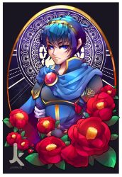 Rule 34 | 1boy, armor, blue eyes, blue hair, breastplate, cape, fire emblem, fire emblem: mystery of the emblem, fire emblem: new mystery of the emblem, fire emblem: shadow dragon, fire emblem: shadow dragon and the blade of light, floral background, flower, highres, looking at viewer, male focus, marth (fire emblem), nintendo, portrait, rose, solo