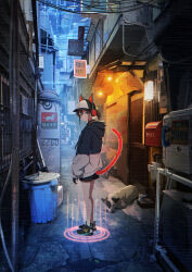 Rule 34 | 1girl, absurdres, air conditioner, alley, animal ear headphones, animal ears, arms at sides, awning, baseball cap, black gloves, black hoodie, blue eyes, brown hair, cat ear headphones, cat ears, cat tail, closed mouth, commentary, corded phone, dog, door, evening, fake animal ears, fake tail, fingerless gloves, from behind, full body, glitch, gloves, glowing, hair between eyes, hat, headphones, highres, hood, hood down, hoodie, lantern, looking at viewer, looking back, original, outdoors, paper lantern, payphone, phone, ponytail, postbox (outgoing mail), power lines, sakeharasu, short ponytail, sidelocks, sign, solo, symbol-only commentary, tail, trash can, two-tone hoodie, wall lamp, white hat, white hoodie