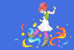 Rule 34 | 1girl, bare shoulders, blue background, blue fire, boots, bracelet, collarbone, collared vest, dress, fashion, fire, frilled dress, frills, full body, green vest, hinoko (sunafuki tabito), jewelry, leggings, looking down, open clothes, open mouth, open vest, original, pink leggings, pleated dress, ponytail, red eyes, red hair, red ribbon, ribbon, short eyebrows, signature, sleeveless, solo, sunafuki tabito, vest, white dress, yellow fire