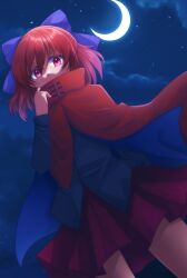Rule 34 | 1girl, black shirt, blue bow, bow, cloak, cloud, commentary, crescent moon, hair bow, highres, long sleeves, looking at viewer, moon, night, outdoors, red eyes, red hair, red skirt, sekibanki, sekibanki day, shirt, skirt, sky, solo, star (sky), starry sky, touhou, yuki 10825