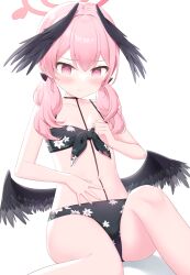 Rule 34 | 1girl, bikini, black bikini, black wings, blue archive, blush, closed mouth, commentary request, feathered wings, feet out of frame, floral print, front-tie bikini top, front-tie top, halo, head wings, highres, kinakon, koharu (blue archive), koharu (swimsuit) (blue archive), long hair, low twintails, low wings, official alternate costume, paid reward available, pink eyes, pink hair, pink halo, print bikini, simple background, sitting, solo, swimsuit, tattoo, twintails, white background, wings