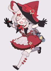 Rule 34 | 1girl, black footwear, bow, bowtie, closed mouth, do m kaeru, dress, full body, genshin impact, hair ribbon, hat, hat ribbon, klee (blossoming starlight) (genshin impact), klee (genshin impact), lantern, official alternate costume, open mouth, outstretched arms, red bow, red bowtie, red dress, red hat, ribbon, running, short hair, smile, solo, white background, witch hat