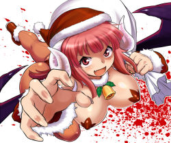 Rule 34 | 1girl, bag, bell, breasts, christmas, cleavage, dr.p, fang, foreshortening, from above, hat, horns, la pucelle, large breasts, long hair, maou prier, open mouth, pantyhose, pasties, pink eyes, pink hair, prier, red eyes, red hair, sack, santa costume, santa hat, smile, solo, wings