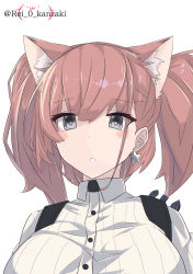 Rule 34 | 1girl, anchor hair ornament, animal ears, atlanta (kancolle), breasts, brown hair, cat ears, commentary request, earrings, etsuransha no rei, extra ears, grey eyes, hair ornament, highres, jewelry, kantai collection, large breasts, long hair, looking at viewer, parted lips, shirt, simple background, solo, star (symbol), star earrings, twitter username, two side up, white background, white shirt