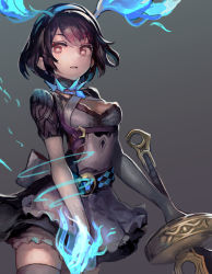 Rule 34 | 1girl, alice (sinoalice), black dress, black hair, black skirt, blue fire, breasts, brown eyes, cowboy shot, dress, elbow gloves, fire, gloves, grey gloves, grey thighhighs, hairband, highres, holding, holding sword, holding weapon, looking at viewer, organ derwald, parted lips, short hair, short sleeves, sinoalice, skirt, small breasts, solo, sword, thighhighs, weapon, zettai ryouiki