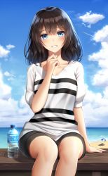 Rule 34 | 1girl, arm support, beach, beach umbrella, black shorts, blue eyes, blue sky, blush, bottle, brown hair, chair, cloud, cloudy sky, collarbone, commentary request, day, hair between eyes, hand up, head tilt, highres, horizon, looking at viewer, lounge chair, ocean, original, outdoors, parted lips, puffy short sleeves, puffy sleeves, sand, shirt, short shorts, short sleeves, shorts, sitting, sky, smile, solo, striped clothes, striped shirt, superpig, umbrella, water, water bottle, white shirt