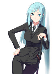 Rule 34 | 1girl, against wall, asymmetrical bangs, black jacket, black necktie, black pants, black suit, blue eyes, blue hair, breasts, closed mouth, collared shirt, commentary, cowboy shot, formal, hand on own hip, highres, jacket, jujutsu kaisen, katana, leaning, light blue hair, lips, long hair, long sleeves, looking at viewer, making-of available, medium breasts, miwa kasumi, necktie, pant suit, pants, pila (pilayamato), scabbard, sheath, sheathed, shirt, simple background, smile, solo, straight hair, suit, sword, weapon, white background, white shirt