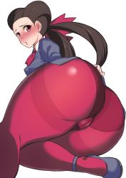 Rule 34 | 1girl, ass, ass focus, blush, breasts, brown hair, cameltoe, commentary, creatures (company), dress, forehead, from behind, game freak, gusset, gym leader, hair pulled back, highres, huge ass, komusou (jinrikisha), lips, long hair, looking at viewer, looking back, lying, nintendo, on side, panties, panties under pantyhose, pantyhose, parted lips, pink pantyhose, pokemon, pokemon rse, red eyes, roxanne (pokemon), shiny skin, simple background, solo, thick thighs, thighs, twintails, underwear, white background