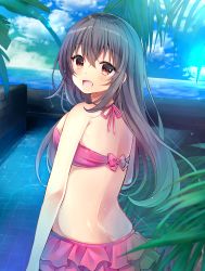 Rule 34 | 1girl, :d, bad id, bad pixiv id, bare arms, bare shoulders, bikini, bikini skirt, blue sky, blush, bow, brown hair, cloud, cloudy sky, commentary request, day, gradient hair, green hair, hair between eyes, highres, horizon, long hair, looking at viewer, looking back, minami saki, multicolored hair, ocean, open mouth, original, outdoors, palm tree, red bikini, red bow, red eyes, sky, smile, solo, standing, swimsuit, tree, very long hair, water