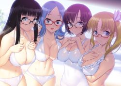 Rule 34 | 4girls, :d, asymmetrical docking, atago kinue, between breasts, bikini, black-framed eyewear, black eyes, black hair, blonde hair, blue eyes, blue hair, blunt bangs, blurry, blush, breast hold, breast press, breast suppress, breasts, brown eyes, brown hair, casual one-piece swimsuit, cleavage, closed mouth, collarbone, day, depth of field, embarrassed, eyebrows, flipped hair, frilled swimsuit, frills, from side, glasses, hair ribbon, halterneck, hand on own chest, hand up, hands on own chest, hip focus, impossible clothes, impossible swimsuit, large breasts, leaning forward, lineup, long hair, looking at viewer, multiple girls, navel, one-piece swimsuit, open mouth, outdoors, own hands together, parted bangs, purple ribbon, raised eyebrows, rectangular eyewear, red-framed eyewear, ribbon, saki (manga), sawamura tomoki, semi-rimless eyewear, senoo kaori, shade, shibuya takami, short hair, side-by-side, side ponytail, sideboob, sidelocks, skindentation, smile, standing, suzume inui, swimsuit, under-rim eyewear, upper body, wet, wet clothes, wet hair, white bikini, white one-piece swimsuit