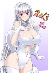 Rule 34 | 10s, 1girl, 2013, bare shoulders, blush, border, breast suppress, breasts, chinese zodiac, cleavage, covered erect nipples, curvy, gloves, highleg, highleg leotard, huge breasts, kumakichi (cost-lost), leotard, long hair, navel, new year, original, red eyes, silver hair, smile, snake, snake (chinese zodiac), solo, thighhighs, very long hair, white gloves, white thighhighs, wide hips