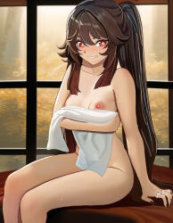 Rule 34 | 1girl, aruman, black nails, breast lift, brown hair, collarbone, commentary, covering privates, cowboy shot, flower-shaped pupils, forest, genshin impact, grin, highres, holding, holding towel, hu tao (genshin impact), jewelry, long hair, looking at viewer, multiple rings, muntins, nature, naughty face, nipples, nude, nude cover, red eyes, ring, sitting, smile, solo, sweat, symbol-shaped pupils, towel, twintails, variant set, very long hair, window