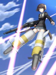 Rule 34 | /, 1girl, animal ears, aqua eyes, bad id, bad pixiv id, blue sky, bomber jacket, bottomless, brown hair, cloud, day, dog ears, dog tail, double-drum magazine, drum magazine, flying, full body, general-purpose machine gun, gun, heart, high-capacity magazine, holding, holding gun, holding weapon, jacket, laser, long sleeves, machine gun, magazine (weapon), mg42, military, military uniform, no pants, outdoors, panties, saddle-drum, short hair, sky, solo, strike witches, striker unit, tail, underwear, uniform, waltraud nowotny, weapon, white panties, world witches series