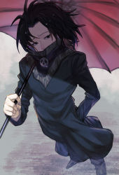 Rule 34 | 1boy, black hair, expressionless, feitan portor, from above, full body, highres, holding, holding umbrella, hunter x hunter, long sleeves, looking at viewer, male focus, short hair, solo, tomaton (t 0), umbrella