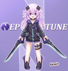 Rule 34 | 1girl, :d, absurdres, adult neptune, bare legs, black choker, black jacket, character name, choker, commentary, d-pad, d-pad hair ornament, dual wielding, english commentary, full body, hair between eyes, hair ornament, highres, holding, holding sword, holding weapon, holster, hood, hooded jacket, jacket, kelsuis, long hair, looking at viewer, neptune (series), open mouth, purple background, purple eyes, purple hair, shin jigen game neptune vii, smile, solo, sword, thigh strap, usb, weapon, aged down, zipper