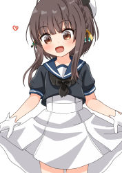 Rule 34 | 1girl, blue sailor collar, braid, brown eyes, brown hair, comiching, cosplay, dress, gloves, hat, highres, jervis (kancolle), jervis (kancolle) (cosplay), kantai collection, puffy short sleeves, puffy sleeves, sailor collar, sailor dress, sailor hat, short hair, short sleeves, solo, ukuru (kancolle), white dress, white gloves