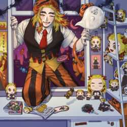 Rule 34 | 1boy, absurdres, action figure, basket, bat (animal), bkqoysswsahsgtc, blonde hair, blush, brown vest, candy, food, ghost, halloween, highres, holding, holding basket, kimetsu no yaiba, long hair, male focus, manga (object), multicolored hair, necktie, open mouth, pants, pumpkin, red hair, red necktie, rengoku kyoujurou, shirt, smile, striped clothes, striped pants, stuffed toy, table, teeth, two-tone hair, upper teeth only, vest, white shirt, window, wrapped candy