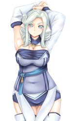 Rule 34 | 1girl, ainu clothes, animal ears, aquaplus, arms up, blue eyes, blue hair, blue sash, blush, boots, breasts, breasts squeezed together, cleavage, cleavage cutout, clothing cutout, curly hair, gloves, hair over shoulder, head tilt, highres, jewelry, large breasts, legs together, long hair, looking at viewer, munechika, necklace, otone, parted lips, sash, sidelocks, skirt, sleeveless, solo, standing, strapless, taut clothes, thigh boots, thighhighs, thighs, tube top, utawarerumono, utawarerumono: itsuwari no kamen, variations